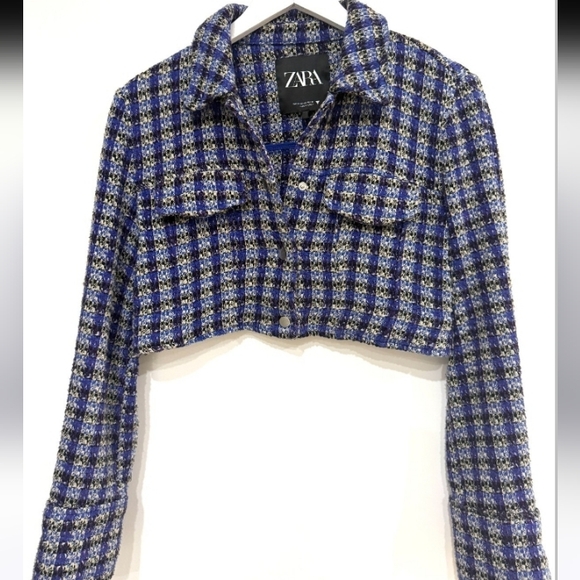 Zara Jackets & Blazers - 🦄 Zara Tweed Botton Blue Plaid Women's Cropped Top